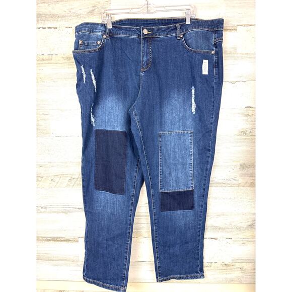 Just My Size Women’s 22 Plus Patchwork Dark Denim Distressed Blue Jeans NEW - Picture 1 of 7